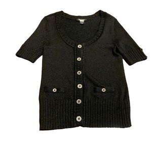 White House Black Market Black Scoop Neck Short Sleeve Cardigan Sweater Size XS